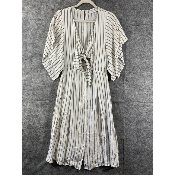 Faithfull The Brand Midi Dress 2 XS White Striped Button Up Short Sleeve Boho - Picture 1 of 11